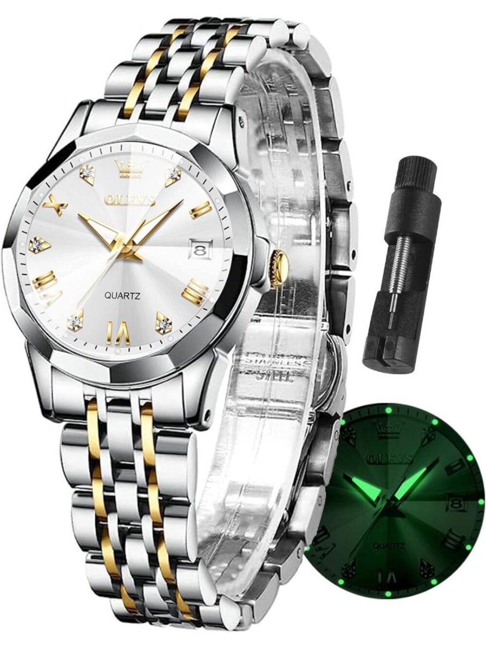 Womens Silver Gold Diamond Stainless Steel Ladies Waterproof Classic Watch